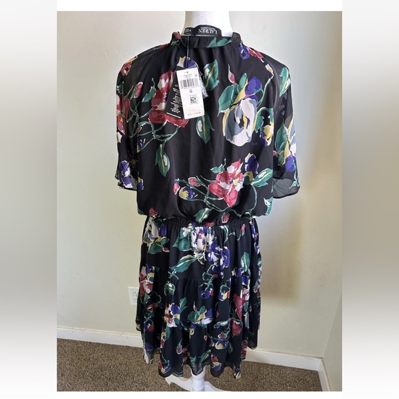 Lauren Ralph Lauren $165 Floral Crinkle Georgette Dress sz 12 Black Label NEW - Picture 6 of 16